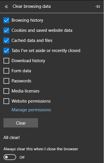 clear cache in microsoft edge