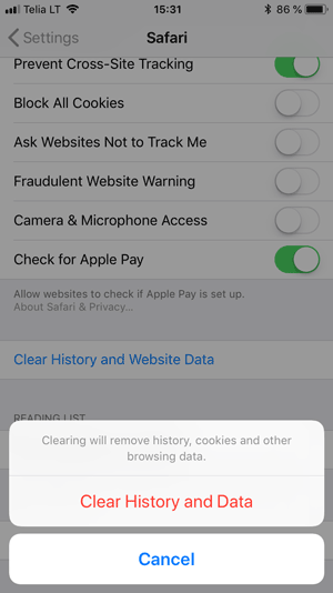 clear cache in safari in IOS